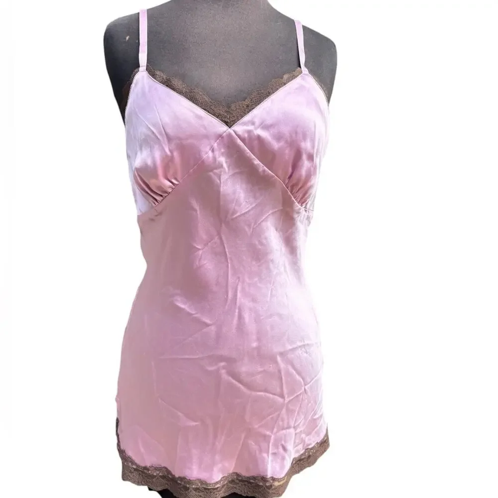 Vintage Y2K Old Navy Silk Babydoll Lace Trim Mini Slip Dress M Fairy Coquette - Picture 2 of 8